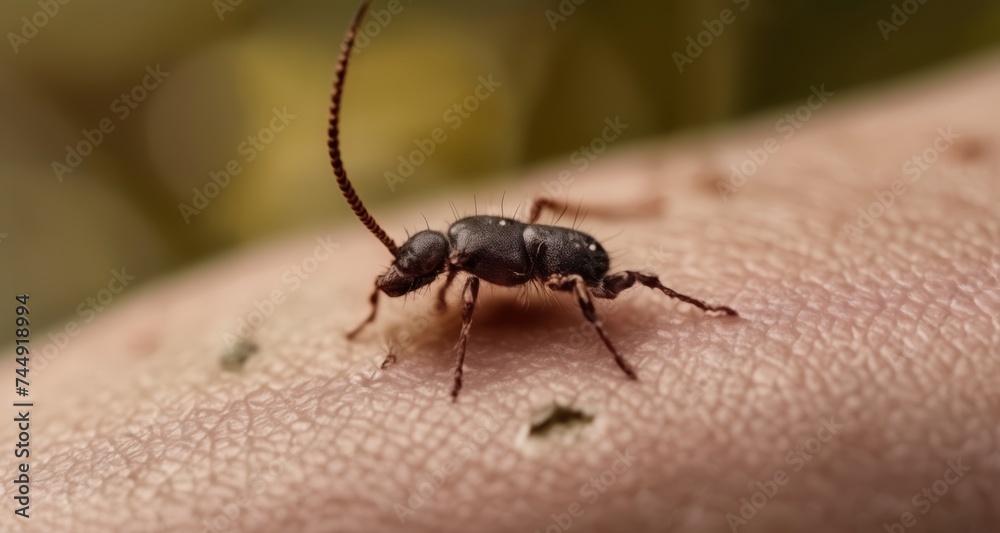 Sticker  Close-up of a curious insect exploring a human skin texture