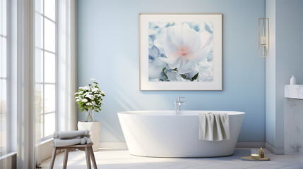 A contemporary bathroom with abstract watercolor prints on the light blue wall and a bouquet of blue hydrangeas on the bathtub.