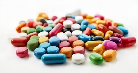 Fototapeta na wymiar Vibrant assortment of colorful pills on a white background