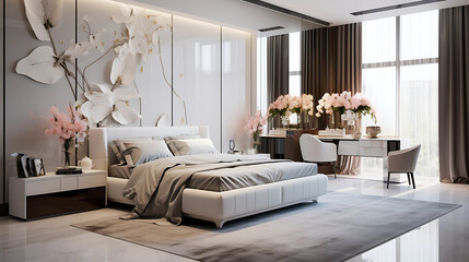 A contemporary bedroom with a large mirror on the mirrored wall and a bouquet of white lilies on the nightstand.