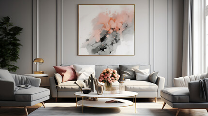A contemporary living room with abstract art on the grey wall and a bouquet of succulents on the coffee table.