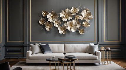 A contemporary living room with abstract metal sculptures on the gray wall and a bouquet of artfully arranged paper flowers. - obrazy, fototapety, plakaty