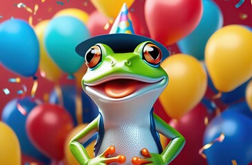 cute smiling frog with a festive cap on his head holds a lot of balloons in his hand, frog in a jump, confetti, festive background. Concept happy Birthday Leapers greeting card. Birthday, Leap Day.