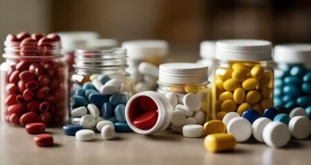  Various colorful pills in jars and scattered on table