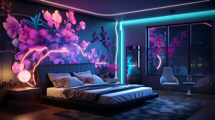 A futuristic bedroom with LED-lit wall panels displaying digital art and a bouquet of neon-colored flowers. - obrazy, fototapety, plakaty