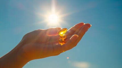 A girl holding a vitamin D tablet over a setting of a blue sky with natural daylight and space, Generative AI.