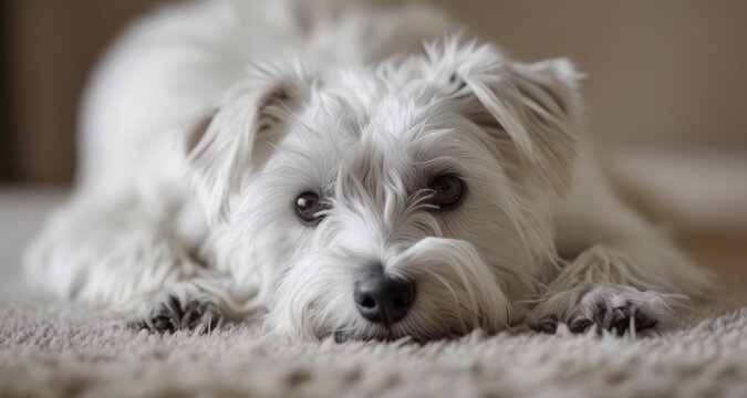  Peaceful moment of a white dog resting on a soft surface