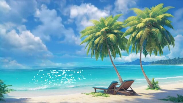 beautiful view of the beach with coconut trees and quiet seating. anime or cartoon watercolor painting style. seamless and looping animation