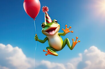 A cute smiling frog with a festive cap on his head holds a balloon and floats in the sky. Birthday, Leap Day.