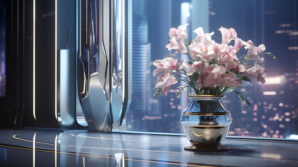 A futuristic office with holographic art on the metallic silver wall and a bouquet of synthetic...
