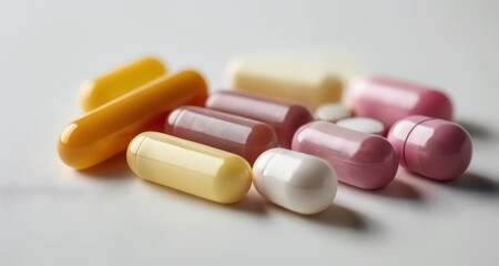  A colorful array of capsules on a white surface