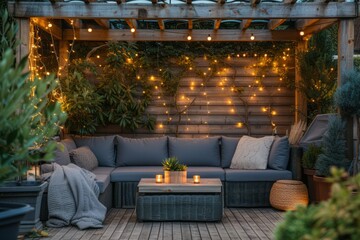Cozy rooftop terrace with a sofa and coffee table is decorated with garlands and lamps