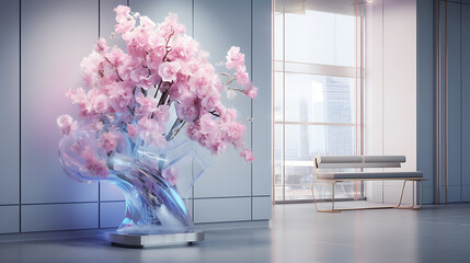 A futuristic office with holographic art on the metallic silver wall and a bouquet of synthetic flowers in a high-tech vase.