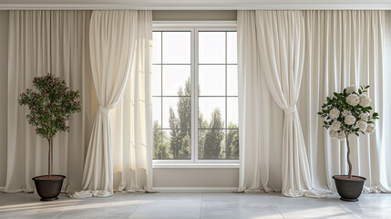 White luxury curtains for doors and windows home decorations for living room and modern style, empty modern room with the tree vase,