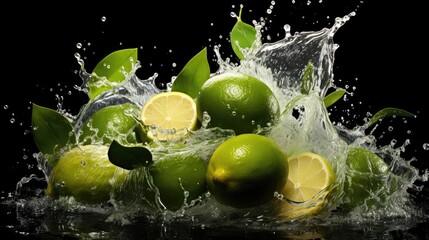 Fresh green limes splashed with water on black and blurred background,