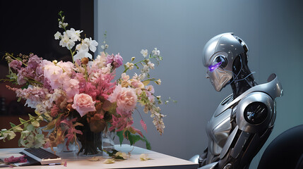 A futuristic office with holographic art on the metallic silver wall and a bouquet of synthetic flowers in a high-tech vase.