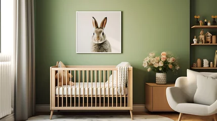 Fotobehang A gender-neutral nursery with animal-themed artwork on the green wall and a bouquet of baby's breath. © Muhammad