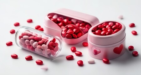  Heart-shaped pills in a jar, symbolizing love potion or health supplements