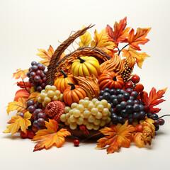 Naklejka na ściany i meble Autumn still life with pumpkins, corn, grapes and leaves
