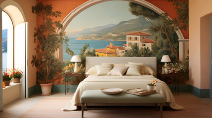 A Mediterranean-inspired bedroom with a mural of a seaside village on the terracotta wall and a bouquet of olive branches. - obrazy, fototapety, plakaty
