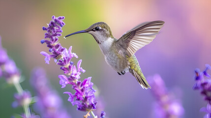 a beautiful hummingbird in flight near a purple flower. generative ai 