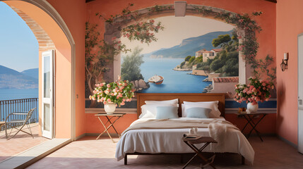 A Mediterranean-inspired bedroom with a mural of a seaside village on the terracotta wall and a bouquet of olive branches.