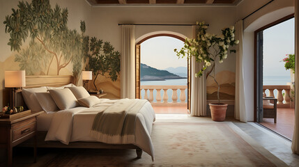 A Mediterranean-inspired bedroom with a mural of a seaside village on the terracotta wall and a bouquet of olive branches. - obrazy, fototapety, plakaty