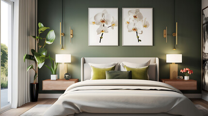 A mid-century modern bedroom with retro artwork on the olive green accent wall and a bouquet of orchids on the nightstand.