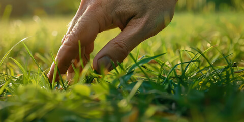 a close up shot of a person's hand, touching grass, generative AI