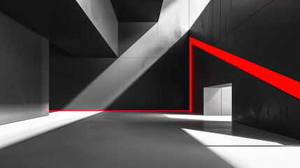 Monochrome Elegance: Sharp Geometric Shapes with a Splash of Red, Modern Abstract Design