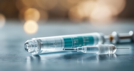  Vaccine syringe on table, blurred background