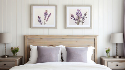 A modern farmhouse bedroom with shiplap walls showcasing rustic artwork and a bouquet of lavender on the nightstand.