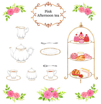 Digital watercolor painting of a pink afternoon tea set.