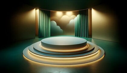 3d rounded podium, studio bathed in soft emerald and gold. 3d stage for product display. an abstract platform for product presentation. 3d round shape for advertisement. tech products mockup.