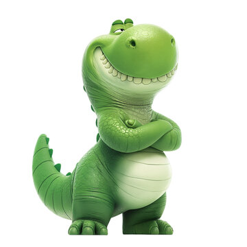 Isolated 3d cartoon funny dinosaur t-rex a white background. Sweet friendly cute dinosaur. A parody, a caricature. Isolated on white background as transparent PNG