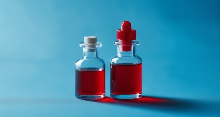  Two small glass bottles with red liquid, one with a white cap and the other with a red cap, against a blue background