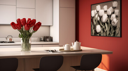 A modern kitchen with a black and white photography gallery on the red accent wall and a bouquet of tulips on the kitchen island.