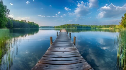 Tranquil Spring Time at a Secluded Lake With a Wooden Dock in the Serenity of Nature