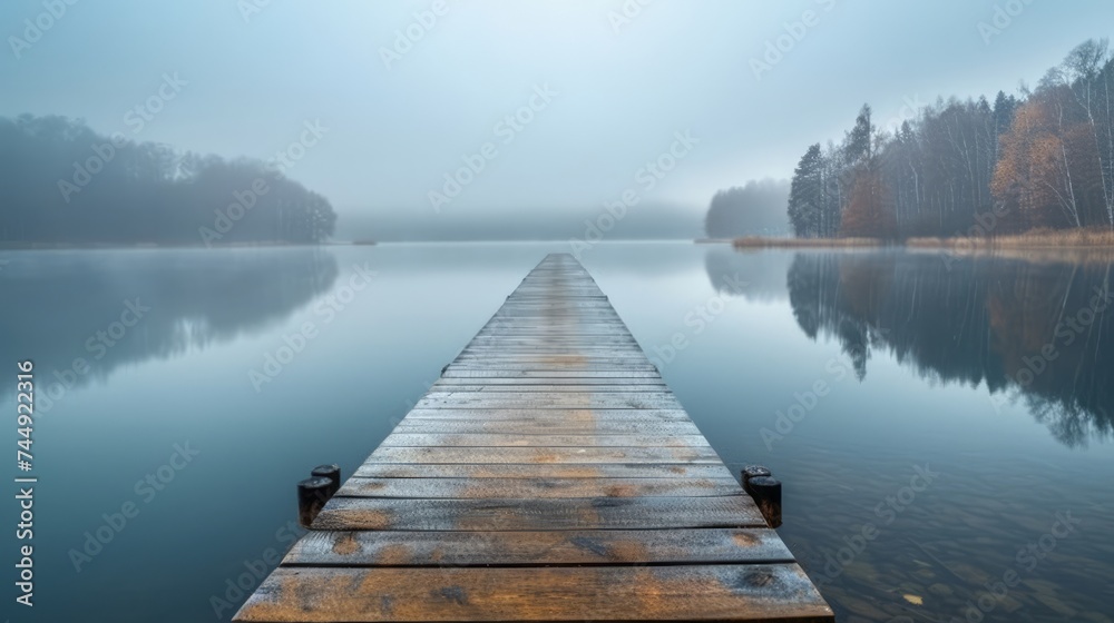 Wall mural tranquil spring time at a secluded lake with a wooden dock in the serenity of nature