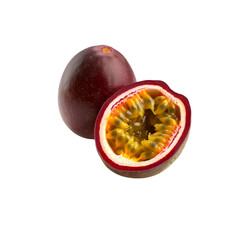 Whole and half fresh ripe passion fruit isolated on white background.