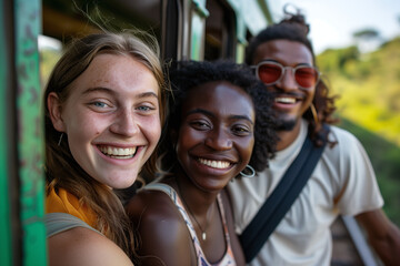 Fototapeta na wymiar Sunlit Memories: Happy Group of African-American and Caucasian Friends Taking a Selfie on Vacation