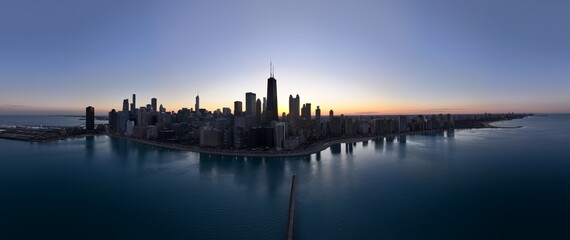 Fototapeta na wymiar Drone panorama of the skyline of Downtown Chicago during sunset 