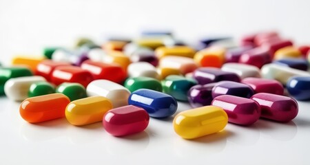 Obraz na płótnie Canvas Vibrant assortment of colorful pills on a white surface