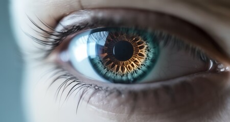  A close-up view of a human eye, showcasing its intricate structure and vibrant colors