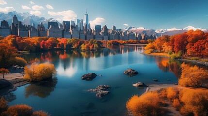 Vivid autumn colors in a serene urban park with city skyline backdrop - obrazy, fototapety, plakaty