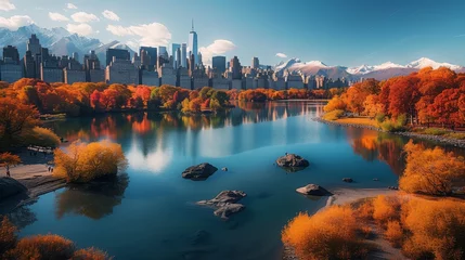 Poster Vivid autumn colors in a serene urban park with city skyline backdrop © GreenMOM