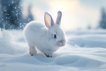 A white rabbit exploring a pristine snowy landscape under a soft sky