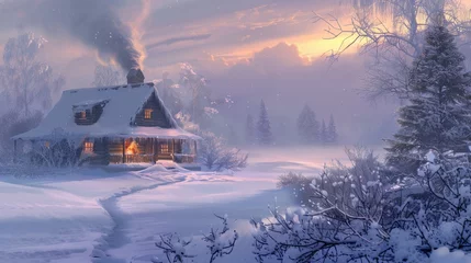 Foto op Plexiglas Winter landscape with a cottage in the forest at sunset. © RMTH