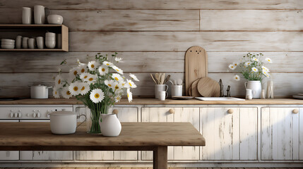A rustic kitchen with a wooden plank accent wall displaying farmhouse artwork and a bouquet of daisies on the counter.