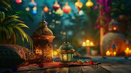 Ramadan Kareem greeting card. Ramadan lanterns on the table - obrazy, fototapety, plakaty